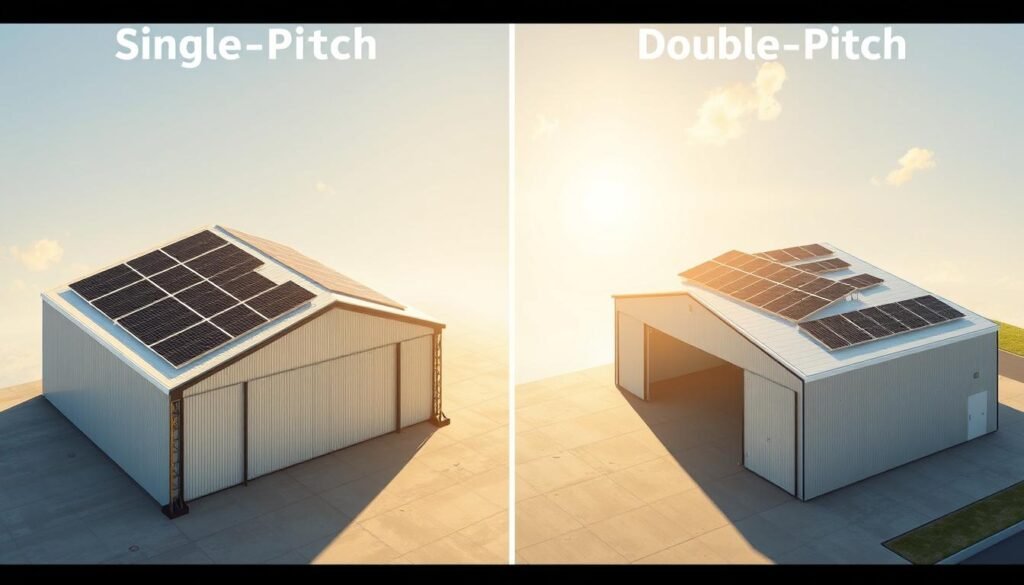 A detailed photorealistic comparison of a single-pitch and a double-pitch hangar, with a focus on their architectural features and potential for solar panel integration. The image should be shot from an elevated perspective, allowing a clear view of the structural differences between the two hangar designs. Emphasize the contrasting roof angles, the impact on available surface area for solar panels, and the overall aesthetic appeal of each option. Utilize natural lighting and crisp, high-resolution rendering to showcase the technical nuances and highlight the practical considerations for a photovoltaic hangar installation.