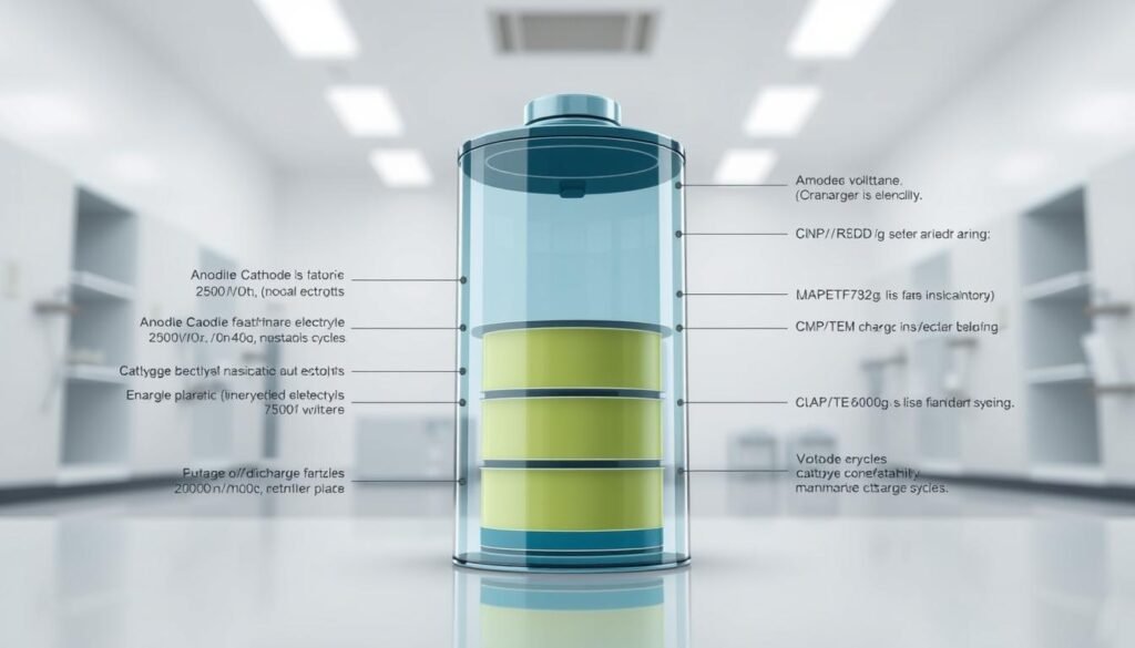 A detailed schematic diagram of a battery, showcasing its internal components and structure. The foreground features a central cross-section of the battery, revealing its layers of anode, cathode, and electrolyte. The middle ground includes technical annotations highlighting key specifications like voltage, capacity, and charge/discharge cycles. The background depicts a clean, minimalist laboratory setting with neutral tones, emphasizing the scientific and engineering aspects of battery design and analysis. The lighting is soft and evenly distributed, creating a sense of clarity and precision. The camera angle is slightly elevated, providing an informative and visually compelling perspective on the subject matter.