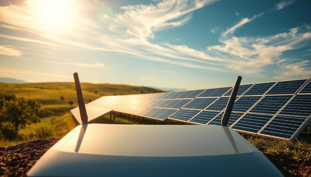 A detailed solar router setup nestled in a lush, sun-drenched landscape. In the foreground, the router's sleek, modern design takes center stage, its glossy surface reflecting the warm glow of the sun. Behind it, a neatly arranged array of solar panels stretches across the rolling hills, their efficient panels meticulously angled to harness the maximum amount of solar energy. The background features a hazy, blue sky dotted with wispy clouds, creating a serene and tranquil atmosphere. Subtle shadows and highlights accentuate the router's curves and the panels' intricate structure, conveying a sense of technological sophistication seamlessly integrated into the natural environment. The overall scene radiates a calm, peaceful ambiance, inviting the viewer to contemplate the possibilities of optimizing a photovoltaic network with a solar router.