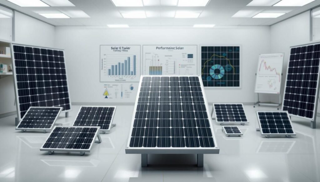 A detailed, technical comparison of solar panel designs, showcasing their unique features and specifications. A central solar panel dominates the foreground, surrounded by smaller panels in various configurations. The middle ground displays schematic diagrams and performance charts, while the background features a clean, minimalist laboratory setting with diffused lighting and reflective surfaces. The overall atmosphere conveys a sense of precision, innovation, and scientific exploration, perfectly suited for the "Spécifications techniques et options disponibles" section of the article.