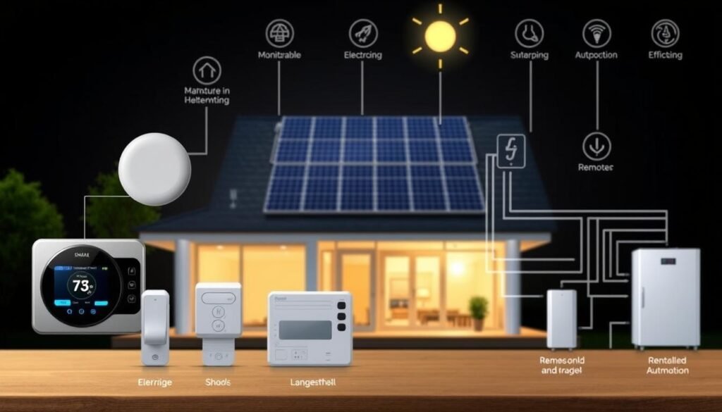 A detailed technical diagram showcasing the key components of a solar home automation system. In the foreground, a series of sleek, interconnected devices including a smart thermostat, lighting controls, and a centralized control panel. In the middle ground, a photovoltaic solar panel array mounted on a modern home's roof, capturing the sun's energy. In the background, a schematic representation of the system's electrical and data infrastructure, with clean lines and intuitive icons denoting energy storage, monitoring, and remote access capabilities. The overall scene conveys a sense of seamless integration and intelligent automation, in service of a sustainable, energy-efficient smart home.