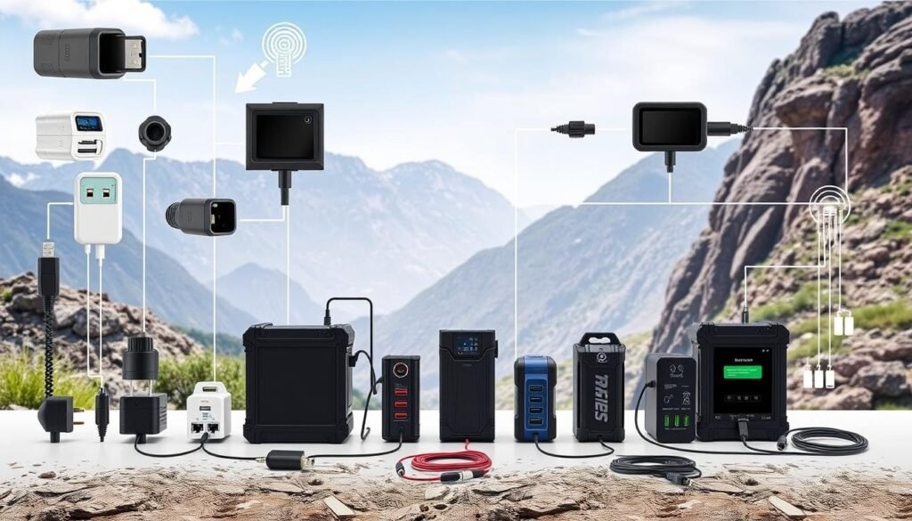 A detailed, technical diagram showcasing various charging systems for camping batteries. The foreground prominently displays a diverse array of connectors, adaptors, and charging ports, meticulously rendered with a clean, technical aesthetic. The middle ground features an assortment of camping battery packs and power stations, each with their own unique charging capabilities. The background subtly depicts a rugged, outdoor landscape, suggesting the practical applications of these charging solutions in a camping or off-grid setting. The lighting is bright and evenly distributed, highlighting the intricate details of the components. The overall composition conveys a sense of functionality, efficiency, and compatibility, perfectly suited to illustrate the "Compatibility with charging systems" section of the article.