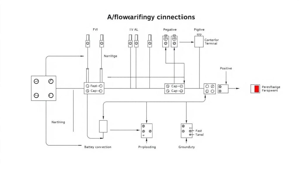 A detailed technical diagram showcasing various types of battery connections, captured in a clean, technical illustration style. Precise schematics of common battery terminals, including positive, negative, and grounding connections, depicted with clear lines, labels, and color-coding. The diagram is set against a plain white background, allowing the technical details to take center stage. Optimal lighting and camera angle to provide a clear, unobstructed view of the battery connection components. The overall aesthetic is informative, functional, and visually engaging, suitable for use in an instructional article on solar panel battery wiring.