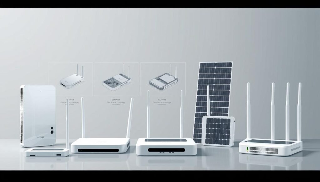 A detailed technical illustration showcasing various solar power device models, captured in a clean, minimalist style. The foreground features an array of sleek, modern solar routers in a range of sizes and designs, highlighting their modular and scalable nature. The middle ground showcases cross-sectional diagrams revealing the internal components and power conversion mechanisms. The background has a subtle gradient evoking a sense of technological advancement, with muted colors that complement the subject matter. Crisp lighting accentuates the forms and textures, creating depth and emphasizing the innovative engineering of these energy-efficient devices.
