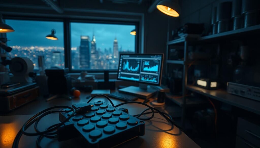 A dimly lit laboratory setting with an array of scientific equipment and instruments. In the foreground, a close-up view of a battery pack, its individual cells visible, surrounded by wires and sensors. The middle ground features a desktop computer monitor displaying charts, graphs, and data visualizations related to battery performance and lifespan. In the background, a large window overlooking a cityscape at night, with the city lights reflecting off the glass. The overall atmosphere is one of intense focus and scientific inquiry, with a sense of discovery and problem-solving. Soft, warm lighting casts subtle shadows, emphasizing the technical details of the battery and the data analysis process.