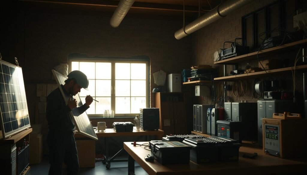 A dimly lit workshop with neatly organized tools and materials, preparing for the installation of a solar power system. In the foreground, a technician examines a solar panel, meticulously checking the connections and wiring. The middle ground features a workbench with various power components, including batteries, charge controllers, and inverters, all arranged in a methodical manner. The background showcases a large window, allowing natural light to filter in and illuminate the scene, creating a warm and inviting atmosphere. The entire composition conveys a sense of focused preparation, with attention to detail and a commitment to safety and efficiency.
