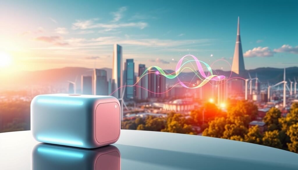 A futuristic rendering of "RSE et empreinte énergétique" showcasing the environmental impact of a virtual battery system. In the foreground, a sleek and minimalist 3D model of a virtual battery, its surface glowing with a soft, ethereal light. The middle ground features a dynamic visualization of energy flow, with colorful lines and shapes pulsing and intertwining, representing the efficient energy distribution of the virtual battery. In the background, a panoramic view of a sustainable cityscape, with towering skyscrapers, renewable energy sources, and lush greenery, all bathed in a warm, optimistic glow. The scene conveys a sense of innovation, environmental responsibility, and the harmonious integration of technology and nature.