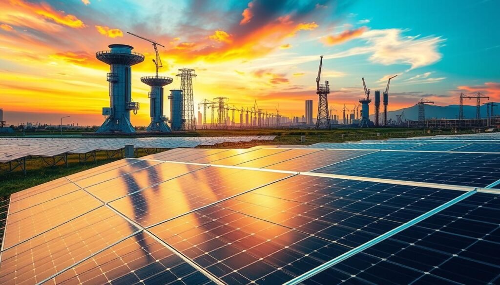 A futuristic solar power plant set against a vibrant sky, with innovative photovoltaic technologies taking center stage. In the foreground, sleek, next-generation solar panels capture the sunlight, their surfaces gleaming under the warm, directional lighting. Towering behind them, advanced solar tracking systems and energy storage solutions integrate seamlessly into the landscape, creating a harmonious blend of technology and nature. The middle ground features cutting-edge solar concentrators and thin-film solar cells, showcasing the latest advancements in solar energy harvesting. In the background, a dynamic cityscape or industrial setting provides a context for the transformative potential of these innovative photovoltaic technologies.
