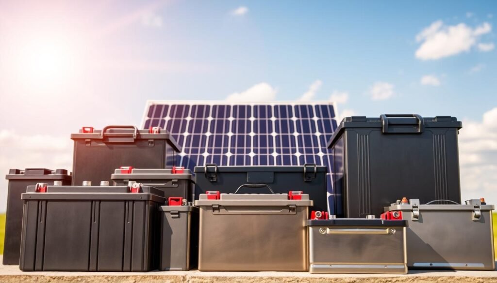 A group of solar batteries set against a backdrop of a bright, sunny sky. The batteries are neatly arranged, their sleek metallic casings gleaming in the warm light. The foreground features several different battery sizes and models, showcasing the variety of compatible options. In the middle ground, a photovoltaic panel is visible, hinting at the renewable energy system these batteries are designed to power. The overall composition conveys a sense of efficiency, sustainability, and technological innovation, reflecting the advanced nature of these "solar-compatible batteries" for 12V systems.