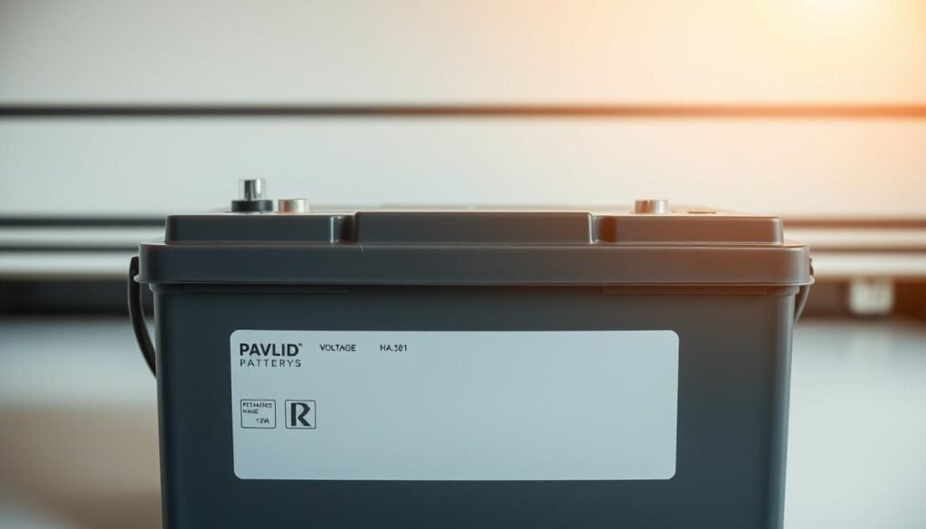 A high-quality battery for a caravan, captured in a detailed close-up shot with a wide-angle lens. The battery is positioned centrally in the frame, with a clean, well-lit backdrop that showcases its essential features. The lighting is soft and diffused, creating a warm, inviting atmosphere. The surface of the battery exhibits a sleek, modern design with clean lines and a matte finish. The overall composition emphasizes the battery's key technical specifications, such as its voltage, capacity, and terminals, conveying the importance of these essential criteria when choosing the best caravan battery.