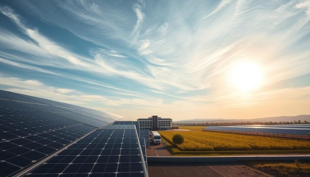 A high-quality, large-format comparison of on-site and off-site photovoltaic power purchase agreements (PPAs). In the foreground, two sleek solar panel arrays stand in contrast - one on a rooftop, the other in a distant field. The middle ground showcases a modern office building and surrounding landscape. The background fades into a dramatic, sun-dappled sky with wispy clouds. Precise lighting and a wide-angle perspective emphasize the scale and technical details of the solar installations. The overall mood is one of innovation, sustainability, and the elegant integration of renewable energy solutions into the built environment.