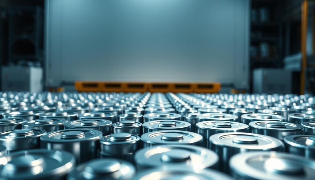 A high-resolution, detailed close-up view of lithium-ion batteries in a modern, industrial setting. The batteries are neatly arranged in rows, their sleek metallic casings gleaming under bright, directional lighting that casts dramatic shadows. The foreground is sharply in focus, emphasizing the intricate textures and contours of the battery cells. The middle ground features a clean, minimalist background, perhaps a storage or production facility, allowing the batteries to be the central focus. The lighting is cool-toned, creating a technical, high-tech atmosphere. The overall composition conveys a sense of precision, power, and the advanced energy storage technology of lithium-ion batteries.