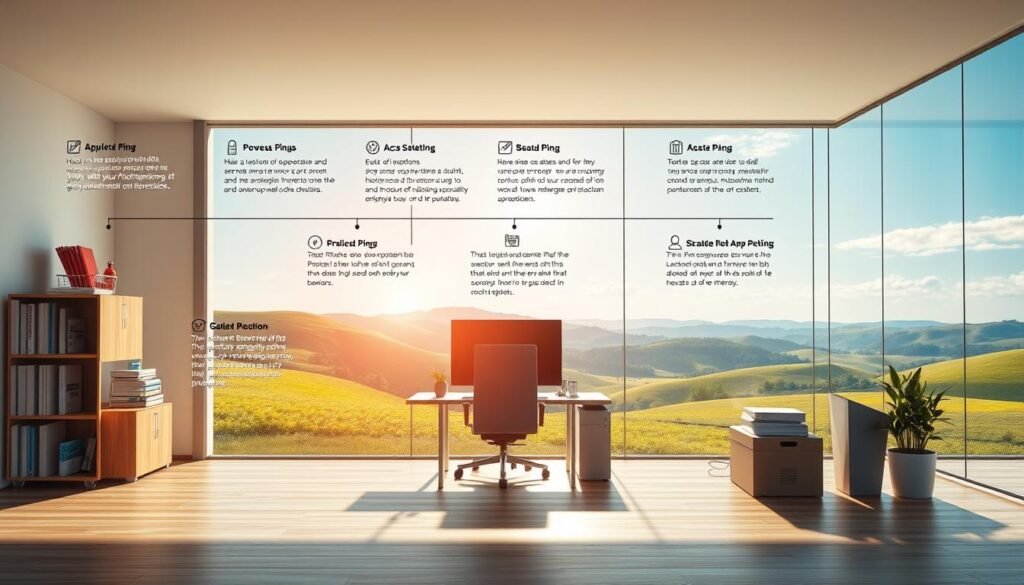 A high-resolution, photorealistic image depicting the key steps involved in setting up a Power Purchase Agreement (PPA) for a photovoltaic system. The foreground showcases a detailed workflow diagram with distinct stages, each represented by icons and brief captions. The middle ground features a modern office setting with a desk, computer, and office supplies, conveying the administrative and organizational aspects of the PPA process. The background depicts a serene, sunlit landscape with rolling hills and a clear sky, symbolizing the clean, renewable energy produced by the photovoltaic system. The overall composition and lighting create a professional, informative, and visually appealing illustration to complement the article's content.