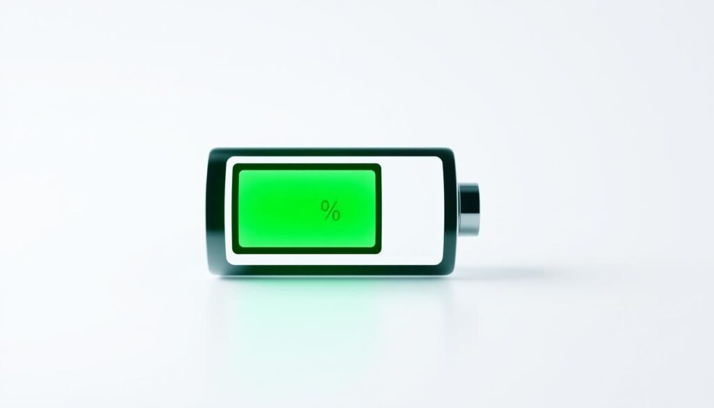 A high-resolution, photorealistic image of a battery charge level indicator, showcasing a battery icon with a charge level displayed as a numerical percentage. The indicator is depicted against a clean, minimalist background, with soft, diffused lighting creating a sense of clarity and focus on the subject. The composition places the charge level indicator prominently in the center, with a balanced and symmetrical layout. The overall tone is one of simplicity, precision, and functionality, suitable for illustrating a section on battery conservation in a technical article.