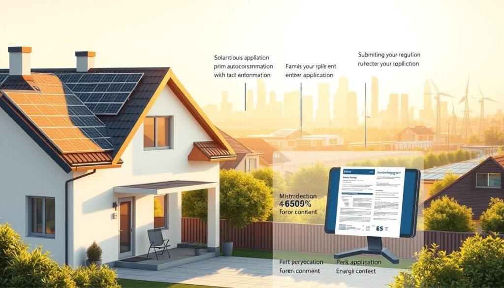 A meticulously detailed illustration of the key steps to obtain the French "prime autoconsommation" solar energy incentive. In the foreground, a clean, modern home with solar panels on the roof, bathed in warm, golden sunlight. In the middle ground, a person reviewing documents and submitting an application, with a computer screen displaying the required forms. In the background, a city skyline with renewable energy infrastructure visible. The scene is rendered with a technical, architectural style, emphasizing precision and clarity. The overall mood is one of efficiency, progress, and environmental responsibility.