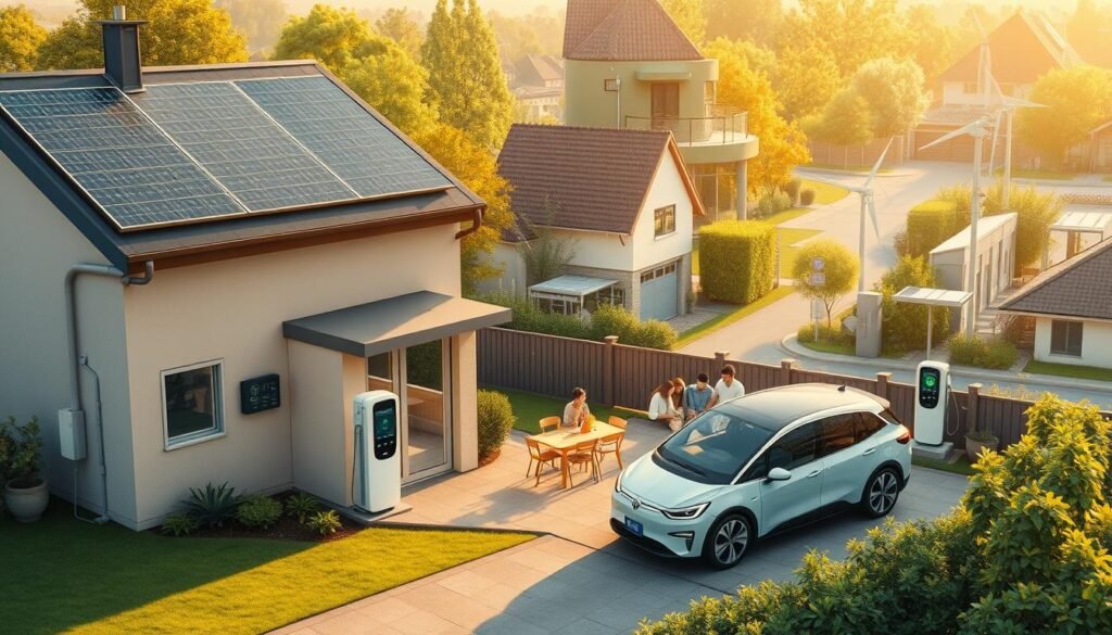 A meticulously detailed, ultra-realistic digital illustration depicting the "Conditions Prime 2025" concept. The foreground showcases a contemporary, energy-efficient home with solar panels, a heat pump, and a smart home system. In the middle ground, an electric vehicle is charging in the driveway, while a family gathers around a table, discussing their household's sustainable energy usage. The background features a vibrant, lush neighborhood with electric vehicle charging stations and renewable energy infrastructure. The lighting is natural, with warm, golden hues casting a welcoming glow. The overall scene conveys a sense of environmental consciousness, technological advancement, and family well-being, reflecting the key conditions for benefiting from the "Prime Autoconsommation" incentive in 2025.