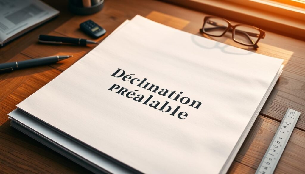 A meticulously organized dossier, its pages neatly arranged on a wooden table, illuminated by warm, natural lighting filtering through a nearby window. The cover page features the title "Déclaration Préalable" in crisp, formal typography. Subtly textured paper stock and a clean, professional layout convey a sense of authority and attention to detail. Surrounding the dossier are various office supplies - a pen, a ruler, and a pair of reading glasses - hinting at the careful preparation that has gone into this important document. The overall mood is one of seriousness and diligence, perfectly suited for a municipal building permit application. A meticulously organized dossier, its pages neatly arranged on a wooden table, illuminated by warm, natural lighting filtering through a nearby window. The cover page features the title "Déclaration Préalable" in crisp, formal typography. Subtly textured paper stock and a clean, professional layout convey a sense of authority and attention to detail. Surrounding the dossier are various office supplies - a pen, a ruler, and a pair of reading glasses - hinting at the careful preparation that has gone into this important document. The overall mood is one of seriousness and diligence, perfectly suited for a municipal building permit application.