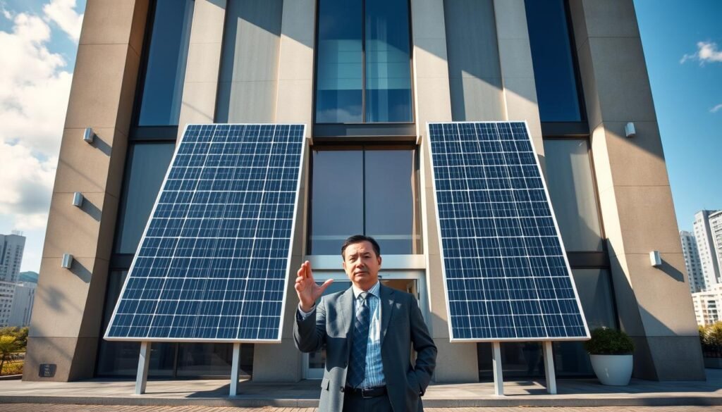 A municipal building with a modern facade, its entrance flanked by large solar panels mounted on the walls. The sunlight casts dynamic shadows, highlighting the sleek, angular design. In the foreground, a prefect stands before the solar panels, gesturing with an authoritative posture, conveying a sense of bureaucratic negotiation. The background features a cityscape, hinting at the broader context of local government and renewable energy policies. The scene is captured with a wide-angle lens, creating a sense of depth and emphasizing the architectural elements. The overall mood is one of tension and determination, as the prefect navigates the complex interplay between renewable energy initiatives and municipal decision-making. A municipal building with a modern facade, its entrance flanked by large solar panels mounted on the walls. The sunlight casts dynamic shadows, highlighting the sleek, angular design. In the foreground, a prefect stands before the solar panels, gesturing with an authoritative posture, conveying a sense of bureaucratic negotiation. The background features a cityscape, hinting at the broader context of local government and renewable energy policies. The scene is captured with a wide-angle lens, creating a sense of depth and emphasizing the architectural elements. The overall mood is one of tension and determination, as the prefect navigates the complex interplay between renewable energy initiatives and municipal decision-making.