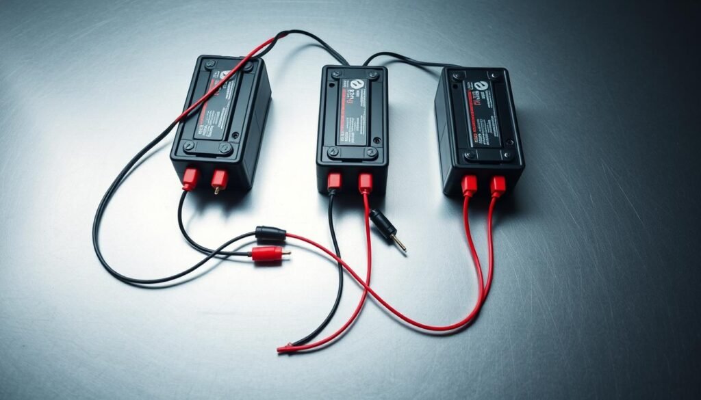 A neatly arranged scene showcasing three 12V batteries connected in series, with their terminals and interconnecting wires clearly visible. The batteries are positioned on a flat, metallic surface, casting subtle reflections. The lighting is soft and even, highlighting the details of the components. The composition places the batteries in the center, with ample negative space around them to emphasize their importance. The overall mood is one of technical precision and clarity, conveying the step-by-step nature of the battery connection process.