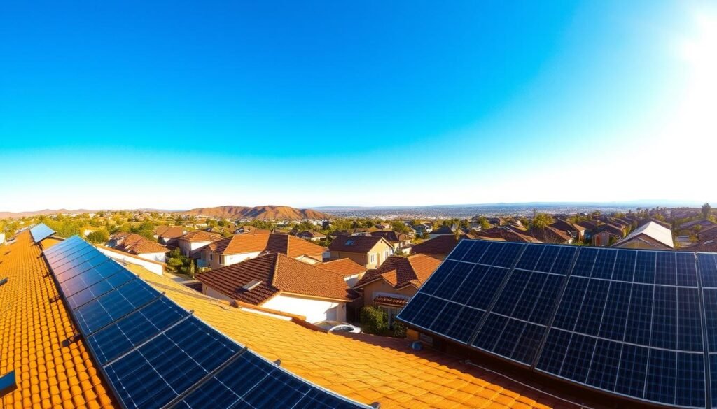 A panoramic landscape of a residential solar power system, capturing the rooftops of houses bathed in warm sunlight. In the foreground, solar panels stand tall, their sleek black frames contrasting with the vibrant blue sky. In the middle ground, homes with neatly integrated solar arrays dot the neighborhood, showcasing the growing adoption of self-generated renewable energy. The background features rolling hills or distant cityscape, hinting at the broader environmental and economic implications of this solar revolution. The image conveys a sense of progress, sustainability, and the empowerment of homeowners to take control of their energy needs.