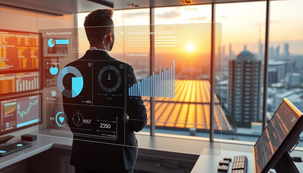 A photovoltaic energy manager standing in a modern, well-lit control room, surrounded by holographic displays and sleek monitoring equipment. In the foreground, a transparent overlaying interface showcases real-time energy consumption data, with intuitive visualization tools and optimization algorithms. The middle ground features a large panoramic window, revealing a sprawling rooftop solar array bathed in warm, golden sunlight. In the background, a city skyline can be seen, highlighting the sustainable integration of renewable energy sources. The overall atmosphere conveys a sense of efficiency, technological sophistication, and a commitment to optimizing energy usage.