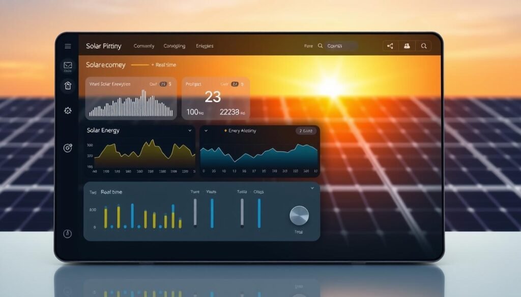A real-time energy management dashboard displayed on a sleek, minimalist interface. In the foreground, a dynamic visualization shows energy consumption and solar energy generation in real-time, with intuitive graphs and charts. The middle ground features a control panel with sliders and toggles, allowing precise adjustments to optimize energy usage. In the background, a stylized rendering of a solar panel array casts a warm, natural glow, conveying the renewable energy source powering the system. The overall mood is one of efficient, seamless energy management, with a clean, high-tech aesthetic that complements the article's focus on solar energy optimization.