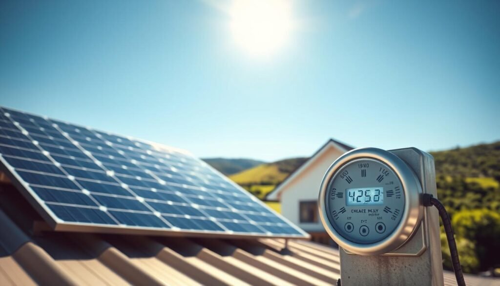A rooftop solar panel system generating surplus energy, with a clear blue sky and sunlight casting warm, diffused illumination across the scene. In the foreground, an energy meter displays the excess power being fed back into the grid. In the middle ground, a modern, energy-efficient home with a sleek, minimalist design. The background features a rolling landscape of lush greenery, hinting at the environmental benefits of renewable energy. The overall atmosphere conveys a sense of clean, sustainable power generation and self-sufficiency.