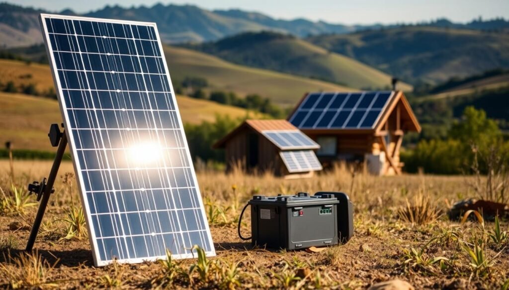 A rugged, off-grid solar power setup standing in a peaceful, rural landscape. In the foreground, a sturdy solar panel tilted at an optimal angle, its surface gleaming in the warm sunlight. Beside it, a compact battery bank and charge controller, neatly arranged and protected by a weatherproof housing. In the middle ground, a small cabin or shed, its walls adorned with solar panels, blending seamlessly into the natural surroundings. In the distance, rolling hills and lush foliage, hinting at the self-sufficiency and independence of this autonomous power system. The scene conveys a sense of tranquility, resilience, and harmony between technology and nature.
