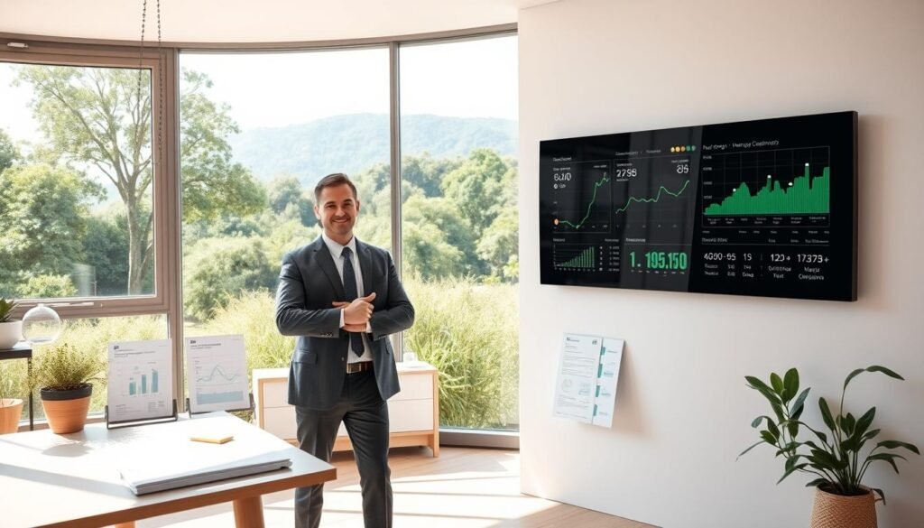 A serene, well-lit office interior, with a large panoramic window overlooking a lush, verdant landscape. In the foreground, a professional, smartly-dressed energy manager stands confidently, gesturing towards a sleek, state-of-the-art photovoltaic control panel displaying real-time energy production data. The middle ground features neatly organized energy efficiency reports and charts, while the background showcases a modern, minimalist decor accented by natural materials and clean lines. The overall atmosphere conveys a sense of expertise, efficiency, and environmental stewardship.