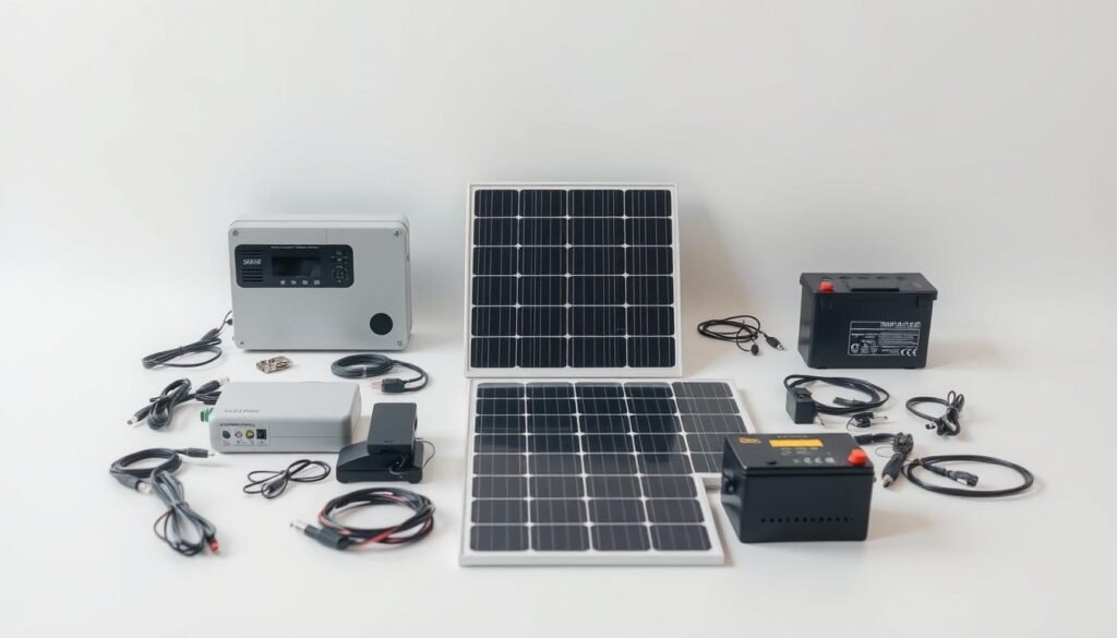 A sleek and organized solar kit laid out on a clean, white surface. In the foreground, the solar panel stands upright, its shiny, black surface reflecting the light. Surrounding it, a collection of technical components - an inverter, charge controller, cables, and battery - are neatly arranged, each with a distinct purpose in the solar power setup. The middle ground showcases these elements in detail, while the background fades into a softly-lit, minimalist ambiance, allowing the solar kit to be the focal point. The overall composition conveys a sense of efficiency, functionality, and the precision required for a successful solar power installation.