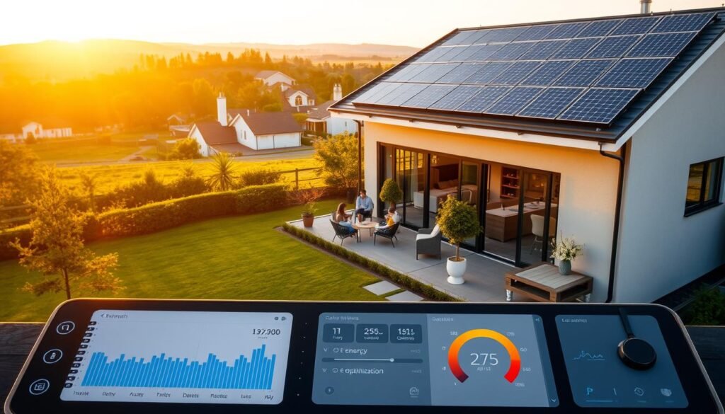 A sleek, modern home with a prominent solar panel system on the rooftop, bathed in warm, golden sunlight. In the foreground, a dashboard display shows real-time energy production and optimization metrics, with intuitive controls for adjusting system settings. The middle ground features a neatly manicured garden and a minimalist outdoor seating area, where a family enjoys the benefits of their efficient solar-powered home. The background showcases a picturesque suburban landscape, highlighting the integration of renewable energy into the residential environment. The scene conveys a sense of sustainability, technological innovation, and harmonious living.