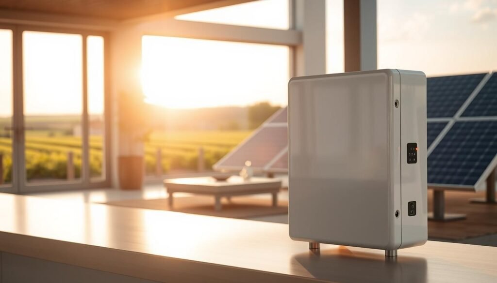 A sleek, modern solar home automation box sits prominently in the foreground, its glossy white surface reflecting the warm glow of the afternoon sun. Seamlessly integrated sensors and control panels adorn its sides, symbolizing the intuitive connectivity between renewable energy and smart home technology. In the middle ground, a clean, minimalist living room comes into focus, with large windows that flood the space with natural light and offer a panoramic view of lush greenery outside. The background is a serene, bucolic landscape, where rows of solar panels stand tall, harnessing the power of the sun to power the connected home. The overall scene conveys a sense of harmony between sustainable energy, intelligent design, and the tranquility of nature.