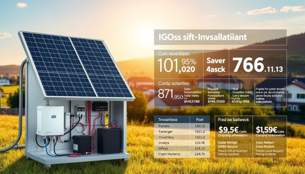 A sleek, modern solar installation set against a backdrop of a serene, sunlit landscape. In the foreground, a detailed cross-section showcases the key components of the solar setup - solar panels, inverters, batteries, and wiring - highlighting the technical complexity and precision required. The middle ground features a comprehensive cost breakdown, with clear figures and metrics displayed in a clean, infographic-style layout. The background depicts a picturesque suburban or rural setting, emphasizing the integration of renewable energy into the built environment. The overall tone is informative, visually appealing, and conveys the significant investment required to adopt solar power, while also suggesting the long-term benefits and environmental impact.