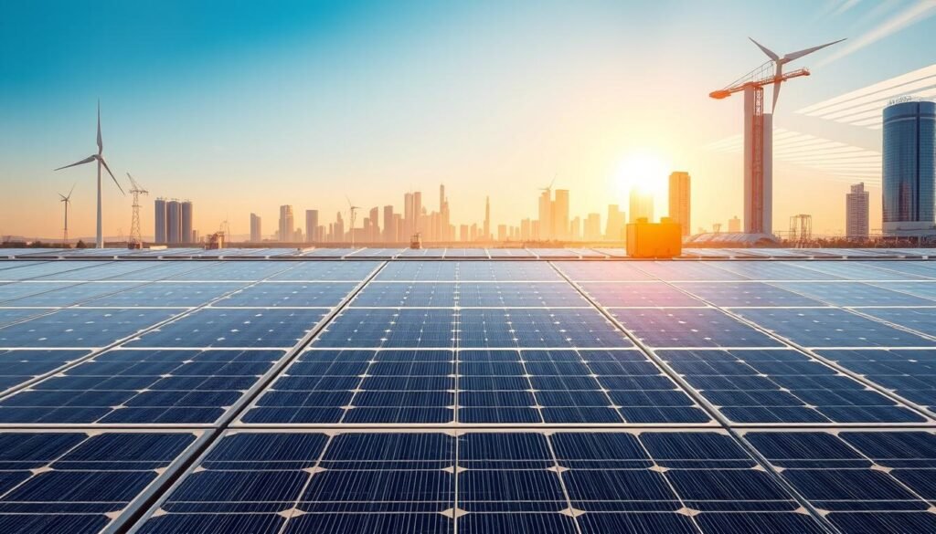 A sleek, modern solar panel array set against a futuristic, high-tech backdrop. In the foreground, cutting-edge photovoltaic cells glisten in the warm, natural light, showcasing the latest advancements in solar panel technology. The middle ground features innovative panel designs with enhanced efficiency and durability, their streamlined profiles reflecting the clean, minimalist aesthetic. In the background, a cityscape of gleaming skyscrapers and renewable energy infrastructure hints at the integration of these solar innovations into sustainable urban environments. The overall scene conveys a sense of progress, innovation, and the promising future of renewable energy.