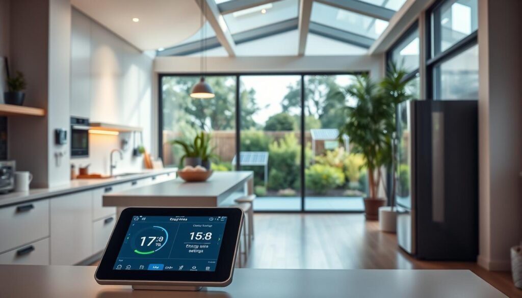 A smart home interior with a central control panel and various energy-efficient devices. In the foreground, a sleek, touchscreen control panel showcases real-time energy usage data and settings for connected appliances. The middle ground features a minimalist kitchen with energy-saving LED lighting, a smart thermostat, and an internet-connected refrigerator. In the background, large windows overlook a lush, landscaped garden, harnessing natural light and solar power. The overall atmosphere conveys a sense of modern, integrated technology seamlessly blending with a sustainable, eco-conscious lifestyle.