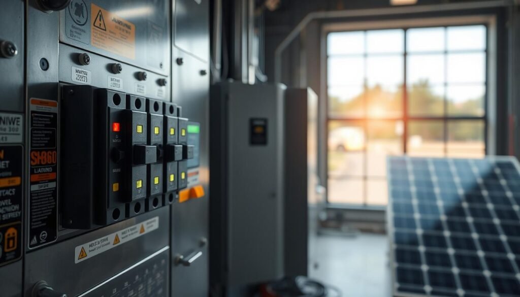 A solar electrical connection, carefully composed in a well-lit industrial setting. In the foreground, a high-contrast close-up of the circuit breaker panel, its metallic surfaces and warning labels clearly visible. Behind it, the solar inverter takes center stage, its sleek modern design and glowing status lights conveying its crucial role. In the background, a glimpse of the solar array through a large window, the panels casting a warm, renewable glow across the scene. The entire composition is bathed in a soft, directional light that accentuates the technical details and evokes a sense of precision and professionalism. The mood is one of clean, efficient power generation, ready to be harnessed for domestic use.