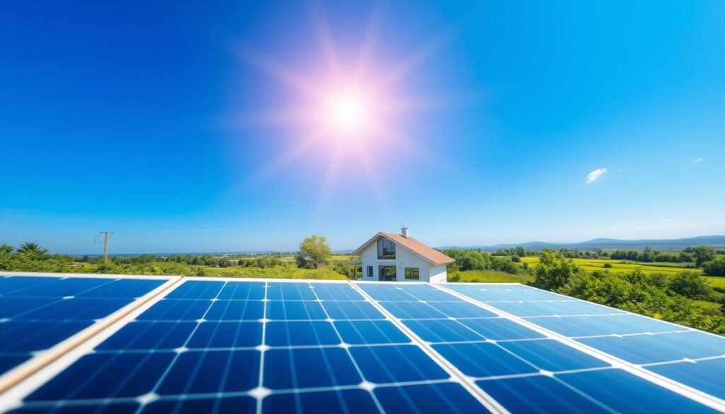 A solar energy guarantee, represented by a gleaming silver solar panel set against a vibrant blue sky. The panel is positioned in the foreground, casting a warm, natural glow over the verdant landscape below. In the middle ground, a modern, energy-efficient home nestled among lush greenery symbolizes the sustainable living the guarantee ensures. The background features a distant horizon, hinting at the expansive possibilities of renewable energy. The composition is captured through a wide-angle lens, conveying a sense of openness and possibility. The lighting is soft and diffused, creating a serene, optimistic atmosphere that reflects the reliability and long-term benefits of the solar energy guarantee.