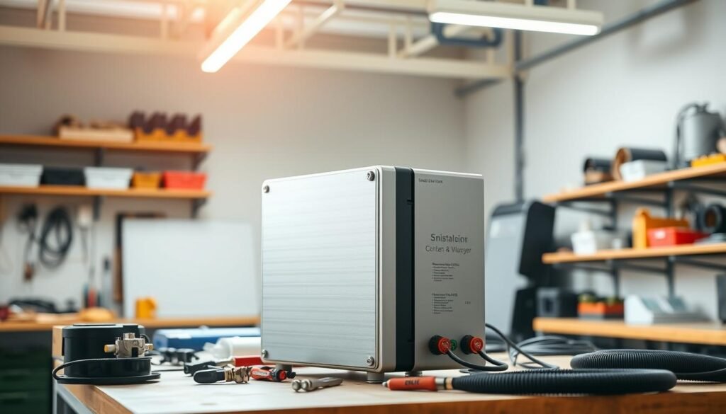 A solar installation converter situated in a well-lit workshop, with a sleek, modern design and a polished metal housing. The converter is positioned on a sturdy workbench, surrounded by various tools and electrical components. The scene is illuminated by bright, overhead lighting, casting a warm, natural glow on the subject. The background features a clean, minimalist layout, with neutral-toned walls and neatly organized shelves, creating a professional and organized atmosphere. The overall composition conveys a sense of precision, functionality, and attention to detail, reflecting the step-by-step installation process.