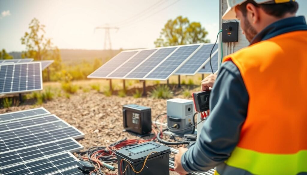 A solar installation setup with a focus on safety. In the foreground, a worker in a high-visibility vest carefully connects wiring to a 12V battery bank. The middle ground features a well-organized arrangement of solar panels, charge controllers, and other equipment, all adhering to best practices for efficient and safe solar energy integration. The background showcases a serene, sun-dappled landscape, emphasizing the clean, renewable nature of the system. Crisp, directional lighting accentuates the technical details, while a sense of order and precision conveys the importance of proper solar installation procedures for maximizing performance and minimizing risks.
