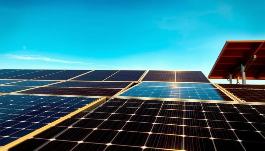 A solar panel array set against a serene, azure sky. The panels are arranged in a grid-like pattern, their sleek, black surfaces reflecting the sunlight in a harmonious, geometric display. The scene is bathed in warm, natural lighting, casting subtle shadows that add depth and dimension. The panels are mounted on sturdy, metallic frames, suggesting a robust and well-engineered system. In the foreground, the individual solar cells are visible, their intricate circuitry and wiring hinting at the advanced technology powering the renewable energy generation. The overall composition conveys a sense of clean, sustainable energy, perfectly suited to illustrate the "Comprendre les bases du raccordement photovoltaïque" section of the article.
