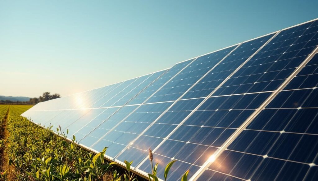 A solar panel array situated in a sun-drenched field, with lush greenery in the foreground and a tranquil, blue sky in the background. The panels are neatly arranged, their gleaming surfaces reflecting the warm sunlight. A crisp, clean, and modern aesthetic pervades the scene, conveying a sense of sustainable energy production. The lighting is natural and diffused, creating soft shadows and highlights that accentuate the curves and lines of the panels. The composition is balanced, with the panels occupying the central focus, while the surrounding landscape frames the scene. The overall mood is one of progress, efficiency, and environmental responsibility.