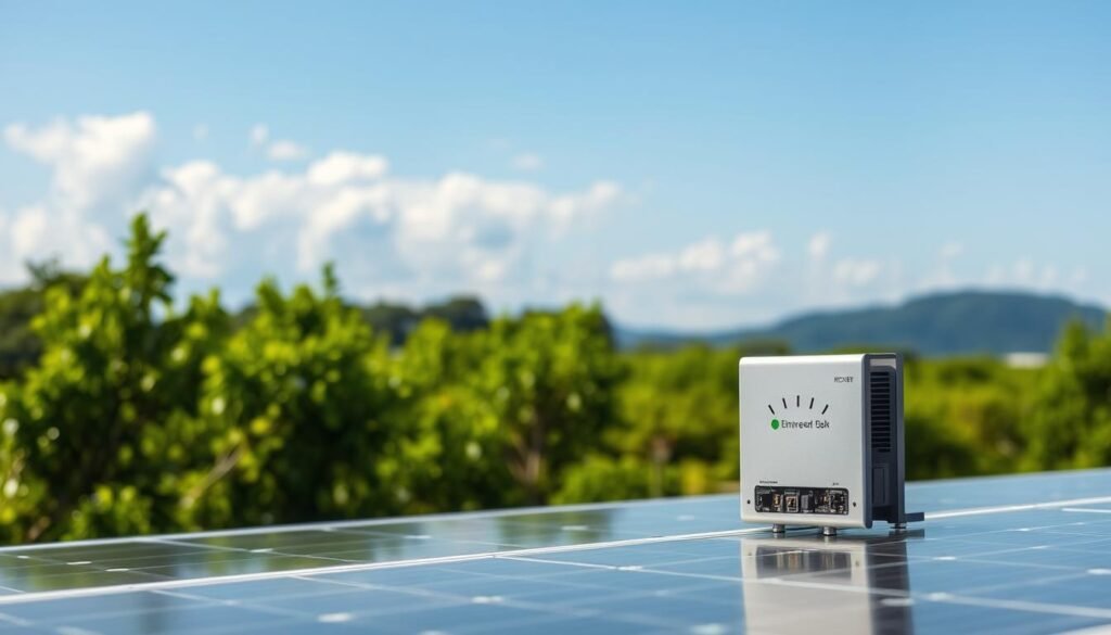 A solar router set against a serene natural backdrop, its sleek design and gleaming panels capturing the sun's rays. In the foreground, the router stands as the focal point, its metal casing and integrated circuits clearly visible. The middle ground features lush greenery, with trees and vegetation softening the scene. In the background, a cloudless sky stretches out, hinting at the renewable energy potential. The lighting is natural and diffused, creating a sense of tranquility and efficiency. The overall composition emphasizes the router's role in optimizing a photovoltaic network, with a balance of technological and environmental elements.