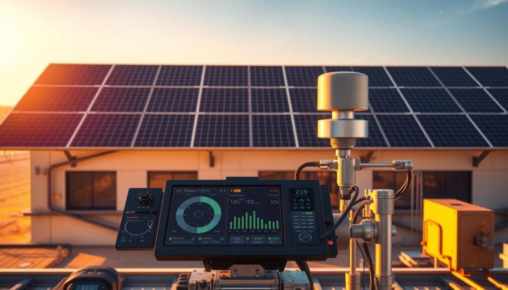 A solar tracking and optimization system in a sleek, modern industrial setting. A large solar panel array sits atop a low-profile building, its panels tilted and oriented to capture maximum sunlight. In the foreground, a central control panel displays real-time data on energy generation, panel positioning, and efficiency. Precision machinery and sensors are visible, monitoring and dynamically adjusting the panels to track the sun's path throughout the day. The scene is bathed in warm, golden lighting, conveying a sense of renewable energy and technological prowess. The overall mood is one of cutting-edge sustainability and optimization.