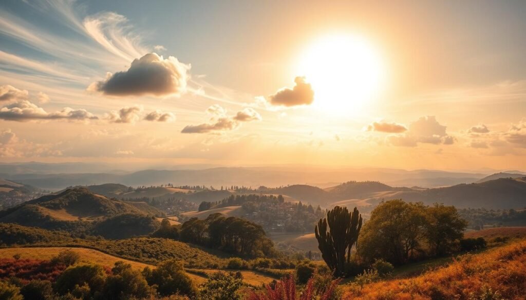 A sprawling landscape with a vibrant, sun-drenched sky. In the foreground, rolling hills dotted with lush vegetation, their colors shifting with the changing light. In the middle ground, a small village nestled among towering trees, their branches swaying gently in a soft breeze. Wisps of cumulus clouds drift lazily overhead, casting moving shadows across the scene. The atmosphere is warm and inviting, with a sense of tranquility and abundance. The image captures the essential elements that influence the choice of solar battery capacity: reliable sunlight, thriving natural surroundings, and a peaceful, prosperous community.
