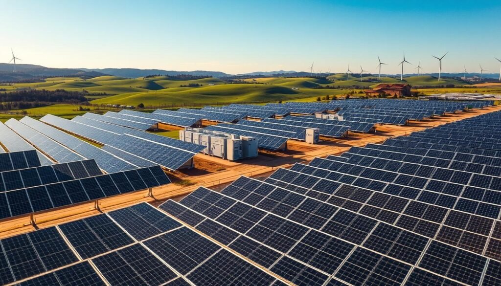 A sprawling solar energy storage facility nestled among rolling hills, bathed in the warm glow of the sun. In the foreground, neatly arranged rows of glossy solar panels harvest the sun's rays, their sleek surfaces reflecting the cloudless blue sky. Towering battery banks and inverters stand in the middle ground, housing the captured energy, ready to power homes and businesses. The background features verdant landscapes, dotted with wind turbines and electric vehicles, creating a harmonious blend of renewable energy sources. Crisp, natural lighting illuminates the scene, conveying a sense of efficiency, sustainability, and the future of green power generation.