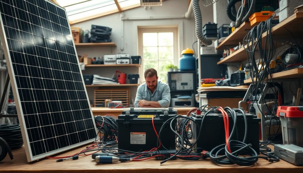 A sprawling workshop filled with solar installation tools and components. In the foreground, several common mistakes are depicted - a panel installed in the wrong orientation, a battery wired incorrectly, and a jumble of unorganized cables. The middle ground shows a technician troubleshooting the setup, brow furrowed in concentration. The background is softly lit, with shelves of neatly organized parts and a window revealing a sun-dappled garden. The overall mood is one of problem-solving, with a subtle undercurrent of caution against careless installation. The lighting is natural, with warm tones and long shadows conveying the scene's depth and attention to detail.