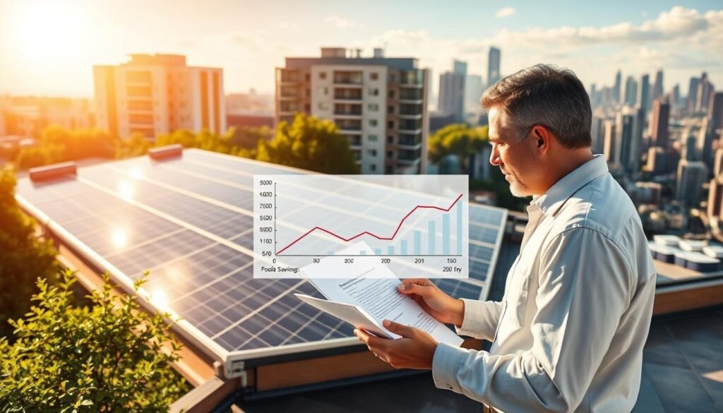 A sun-drenched rooftop with solar panels gleaming, surrounded by lush greenery and modern office buildings. In the foreground, a businessperson reviews financial documents, contemplating the cost-saving potential of the renewable energy system. The middle ground features a line graph illustrating the projected energy savings and return on investment, while the background showcases the city skyline, signifying the widespread adoption of sustainable practices. Warm, inviting lighting casts a soft glow, conveying the sense of optimism and progress in financing a self-consumption project.