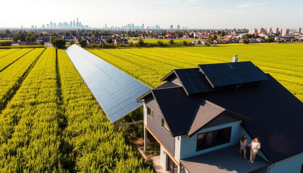 A sun-drenched solar panel array stretches across a lush, verdant field, its sleek black surfaces glistening in the warm light. In the foreground, a modern, energy-efficient home stands as a testament to the power of renewable energy, with solar panels elegantly integrated into its rooftop design. The middle ground features a family enjoying the benefits of their photovoltaic system, basking in the glow of clean, sustainable electricity. In the distance, a cityscape of skyscrapers and residential buildings hints at the widespread adoption of solar technology, transforming the urban landscape. The scene conveys a sense of harmony between nature, technology, and the human experience, showcasing the advantages of a photovoltaic energy management system.