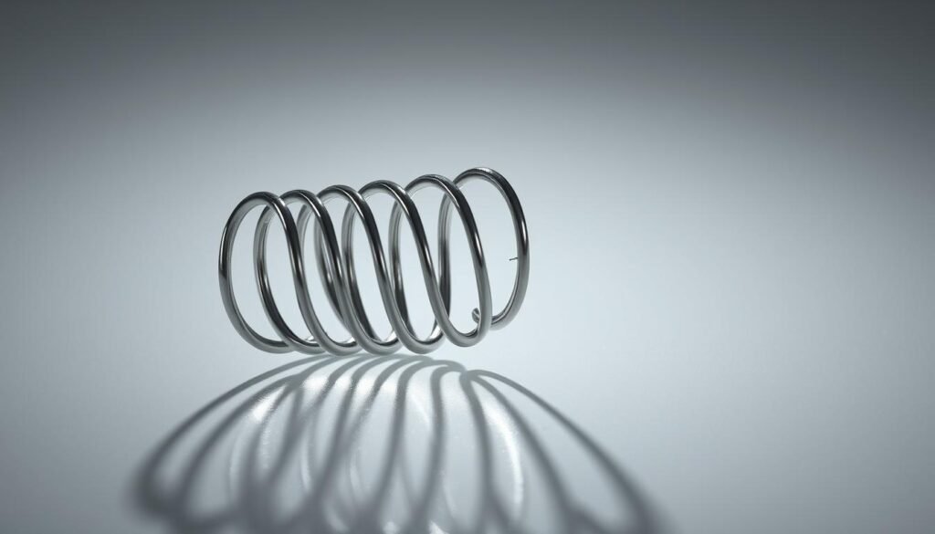 A tightly coiled spring, its metallic spirals radiating a tension-filled energy, casting sharp shadows that accentuate its dynamic form. The spring rests on a smooth, glossy surface, reflecting the light in a way that heightens the sense of restrained potential. The background is a subtly-lit, muted palette, allowing the spring to take center stage and command the viewer's attention. The overall composition evokes a feeling of anticipation, suggesting the spring is primed to release its stored energy at any moment, hinting at the advantages of a series electrical connection.
