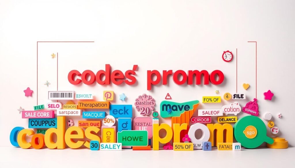 A vibrant, visually striking composition showcasing various "codes promo" against a clean, minimalist background. The foreground features a variety of coupon codes, discount offers, and promotional symbols in a variety of colors and typographies, artfully arranged to create a dynamic, eye-catching display. The middle ground includes subtle, elegant lines and shapes that frame and accentuate the promotional elements. The background is a neutral, softly-lit backdrop that allows the promotional codes to take center stage, creating a sense of focus and emphasis. The overall mood is one of modern, sophisticated style, inviting the viewer to explore the promotional offers in a visually engaging manner.